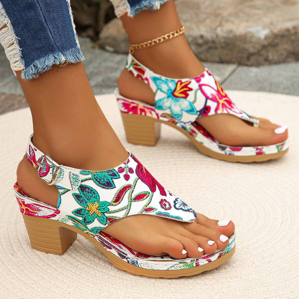 Serena | Women's Block Heel Sandals Toe Ring Floral Embroidered 1