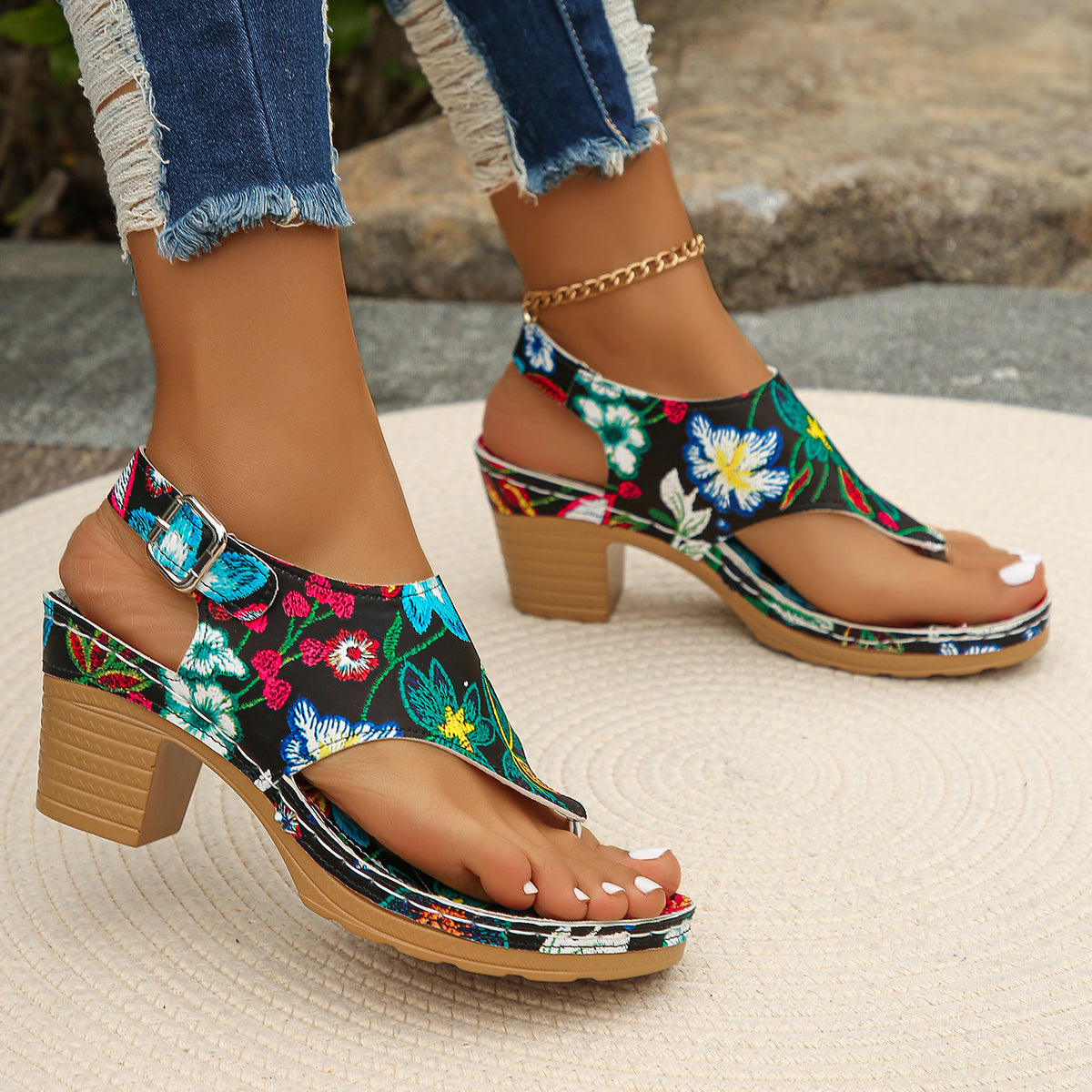 Serena | Women's Block Heel Sandals Toe Ring Floral Embroidered 6