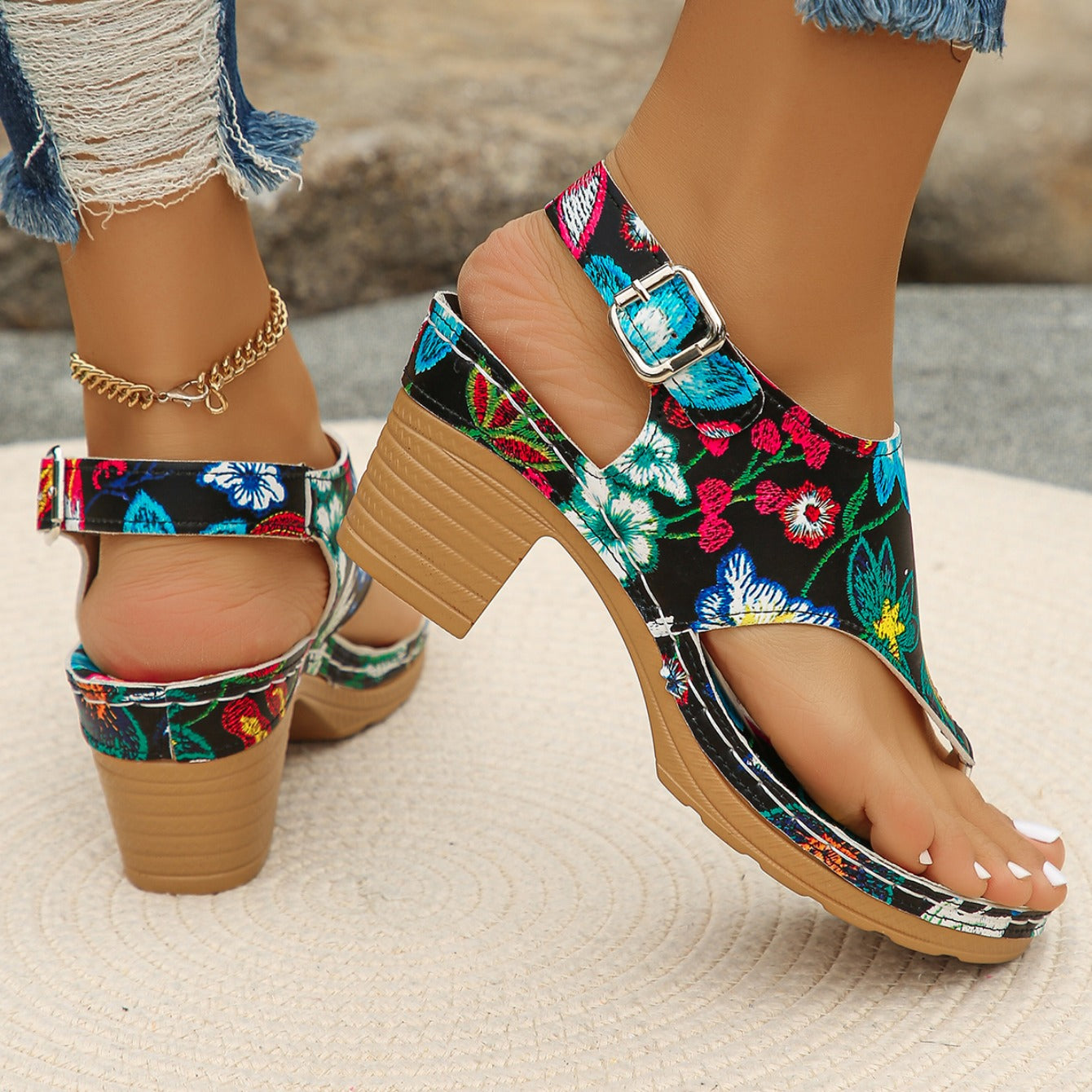 Serena | Women's Block Heel Sandals Toe Ring Floral Embroidered 7