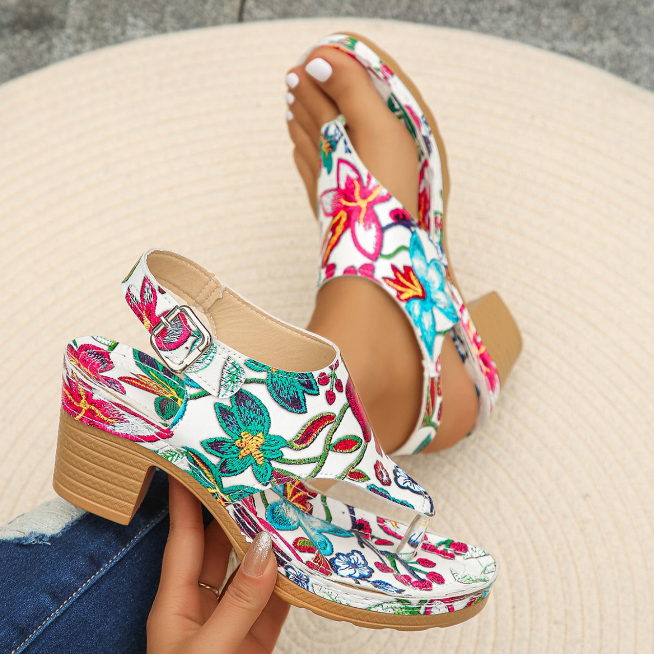 Serena | Women's Block Heel Sandals Toe Ring Floral Embroidered 8