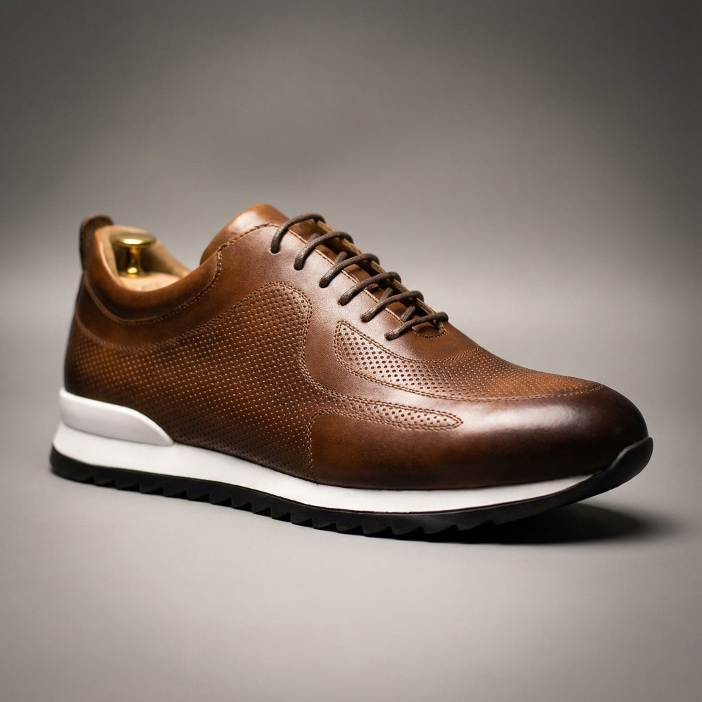 Snevo | Men's Lace-Up Leather Sneakers Perforated Runner