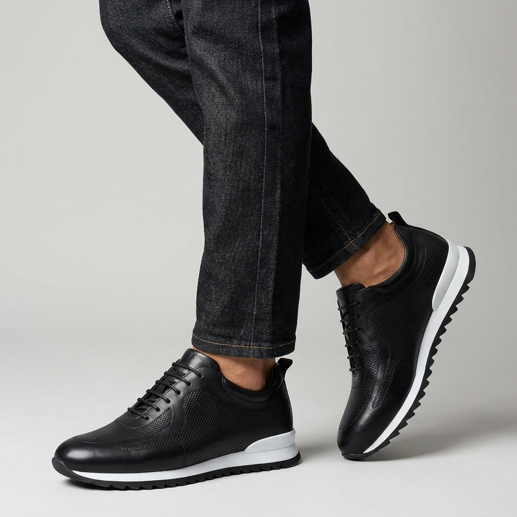 Snevo | Men's Lace-Up Leather Sneakers Perforated Runner 1
