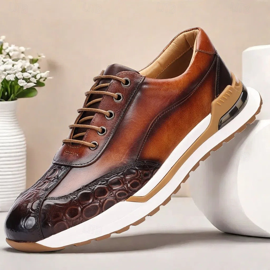 Stefan | Men's Lace-Up Leather Sneakers Croc Embossed Panel