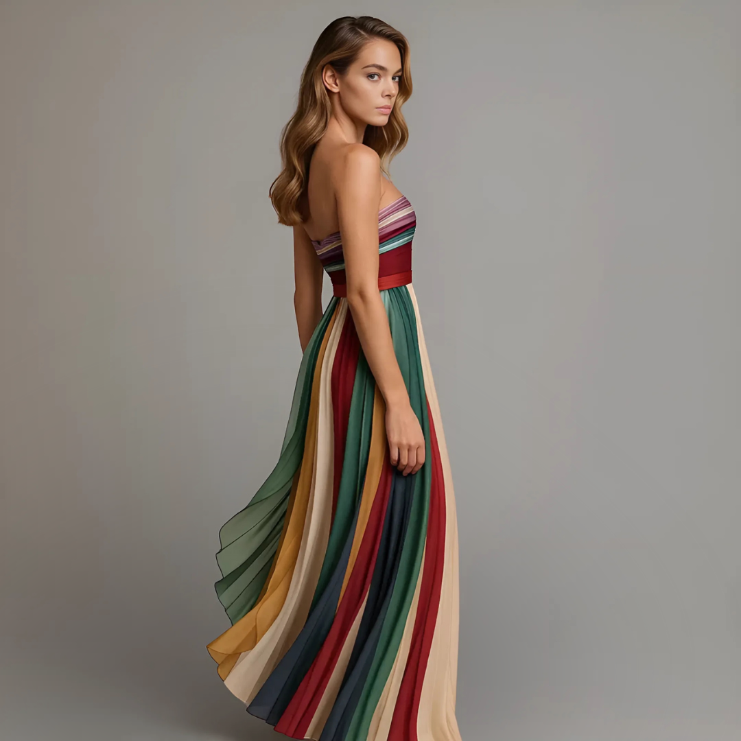 Stella | Women's Strapless Striped Pleated Maxi Dress 2