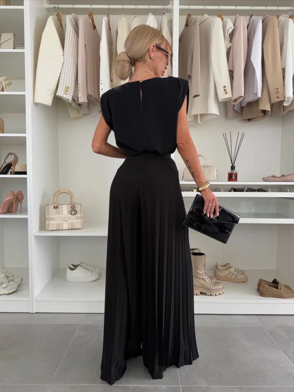 Tara | Women's Padded Shoulder Top Pleated Wide Leg Set 1