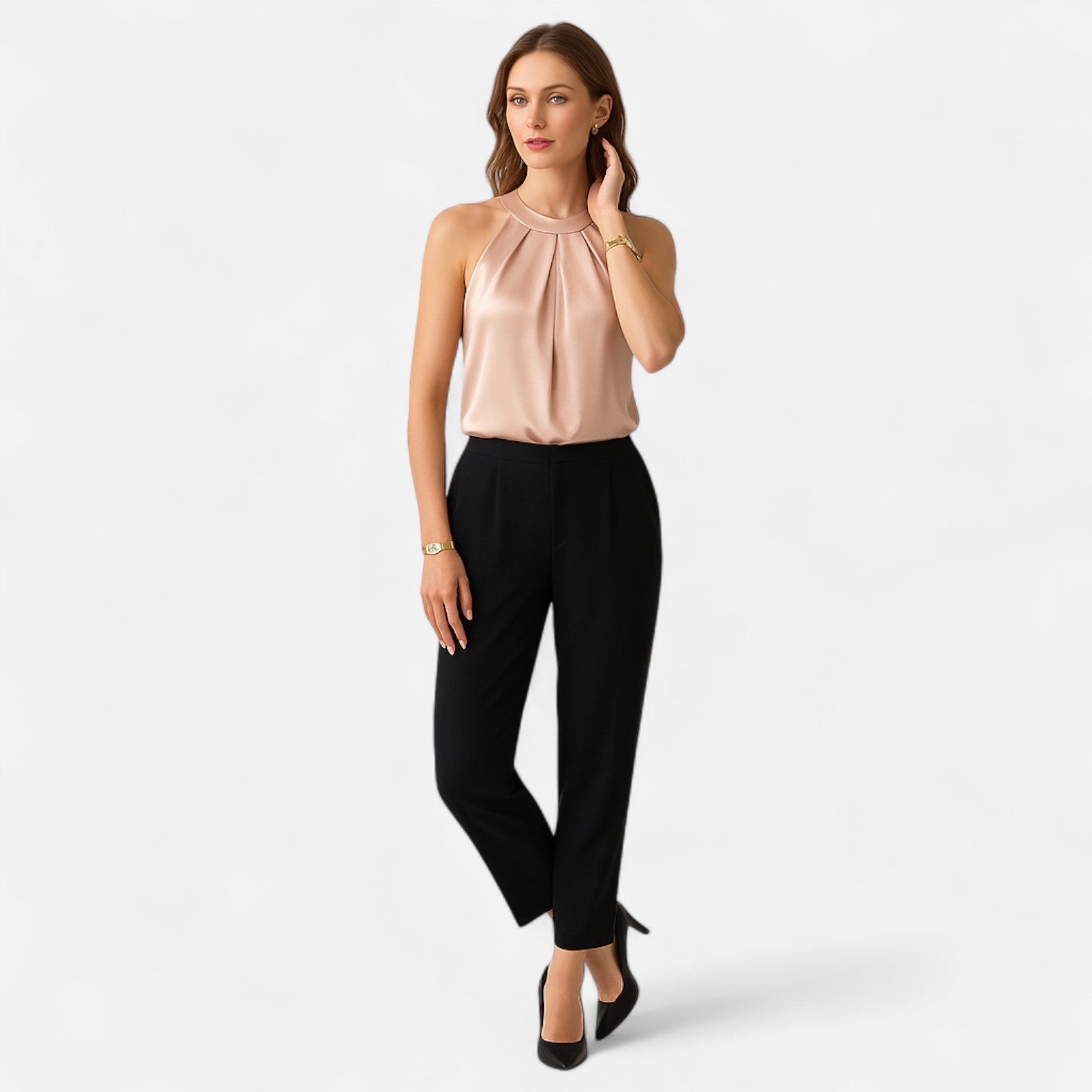 Tara | Women's Satin Halter Top Pleated Drape Front Beige 2