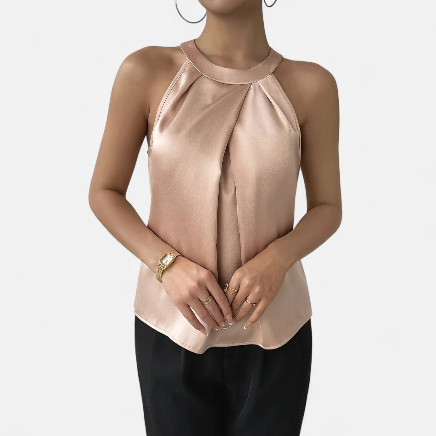 Tara | Women's Satin Halter Top Pleated Drape Front Beige 3