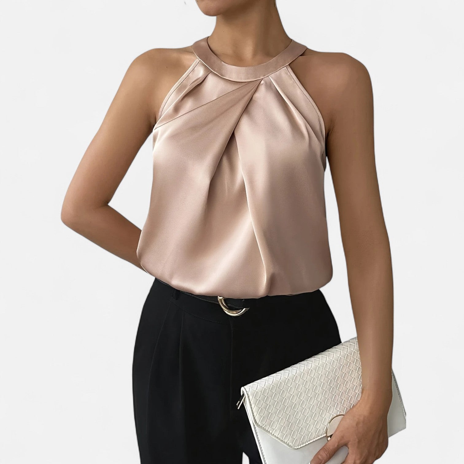 Tara | Women's Satin Halter Top Pleated Drape Front Beige 5