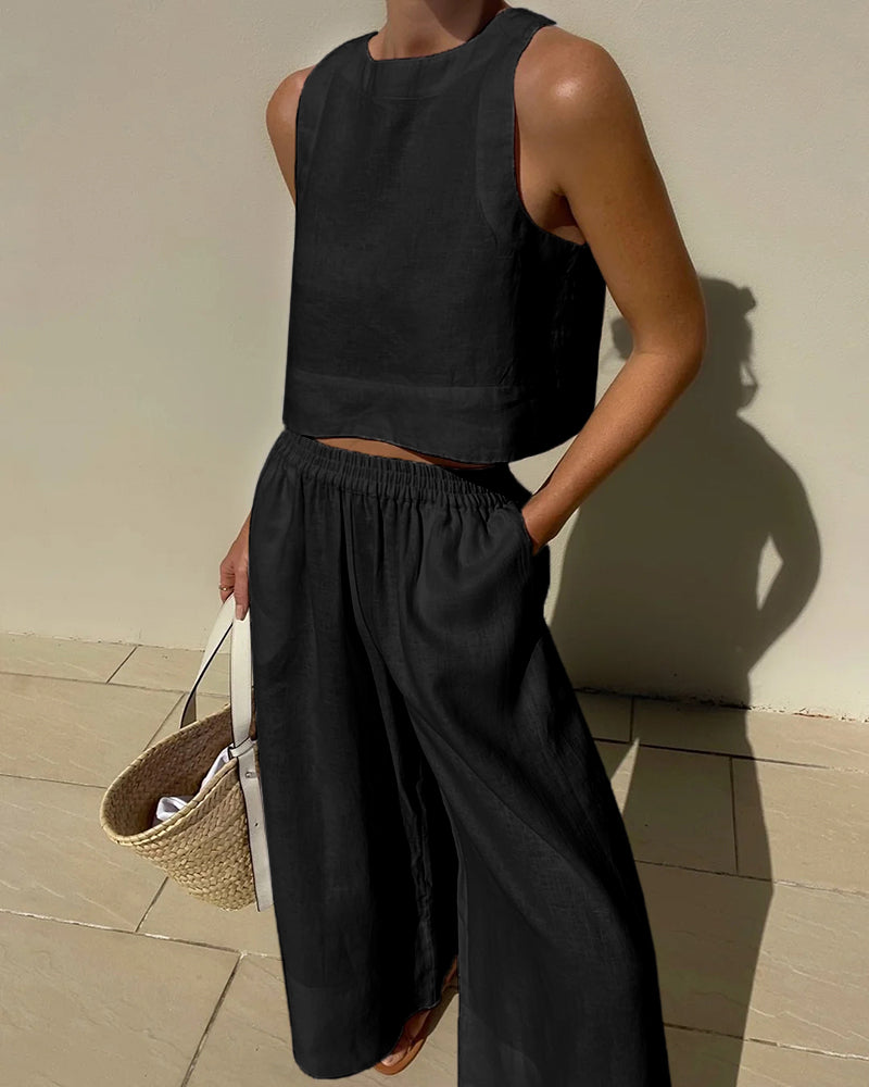 Tara | Women's Sleeveless Crop Top Wide Leg Two-Piece Set 2