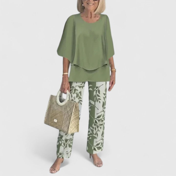 Tessa | Women's Two-Piece Set Layered Top Floral Print Trousers