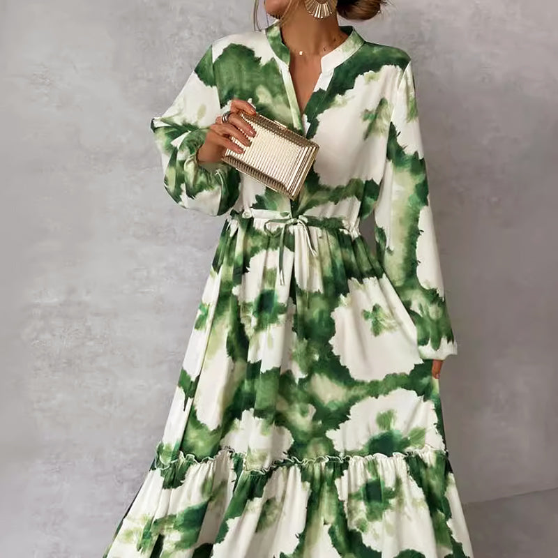 Vermilion | Tiered Maxi Dress Abstract Print Green 2