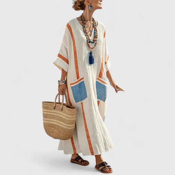 Detail shot of contrast trim along sleeves and center front of Elegant Boho Dress