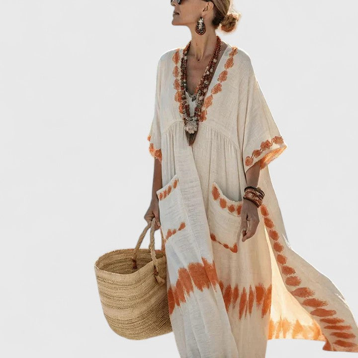 Back view of flowing Elegant Boho Dress showing relaxed silhouette and maxi length