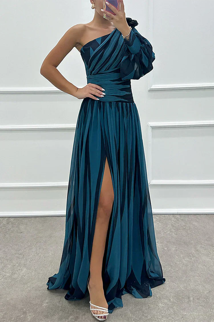 Elegant one shoulder maxi dress in bold striped pattern ideal for wedding guest attire