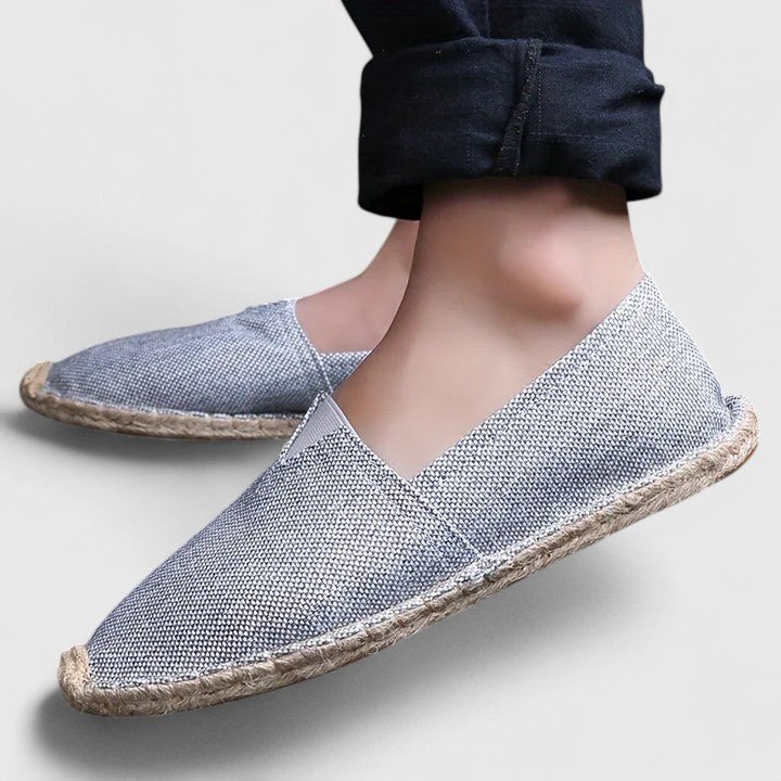 Close-up of espadrille jute-wrapped midsole and breathable canvas construction