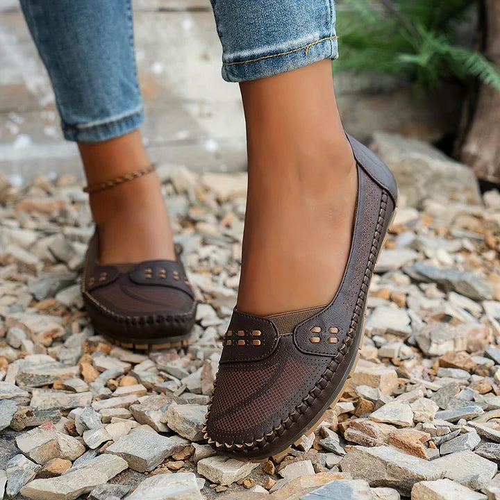 Women's orthopedic slip on loafers in coffee shade featuring breathable perforated upper and roomy toe box
