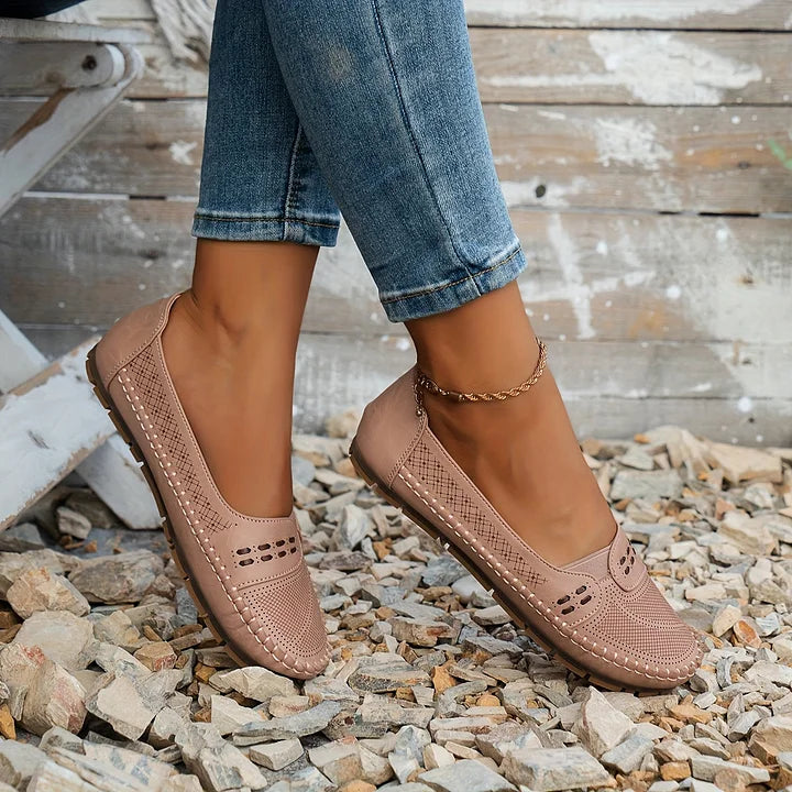 Women's orthopedic slip on loafers in coffee shade showcasing soft finish and breathable perforated design
