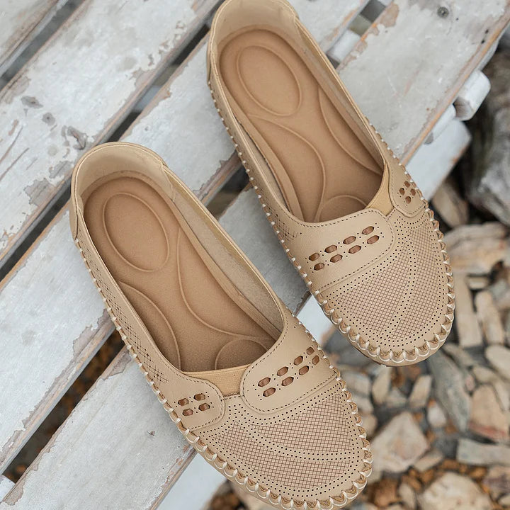Women's orthopedic slip on loafers in beige worn with casual outfit, highlighting all-day comfort and support