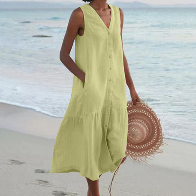 Detail shot of textured linen-look fabric and functional side pocket on beach dress