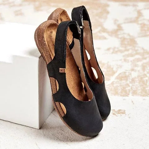 Women's slingback orthopedic sandals in beige color showing open heel design and flexible sole for everyday comfort
