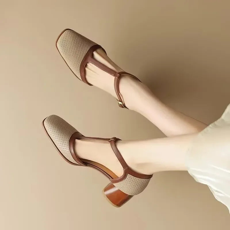 Women's T-Strap Block Heel Shoes Square Toe Mid Heel Pumps worn on model showing fit and silhouette
