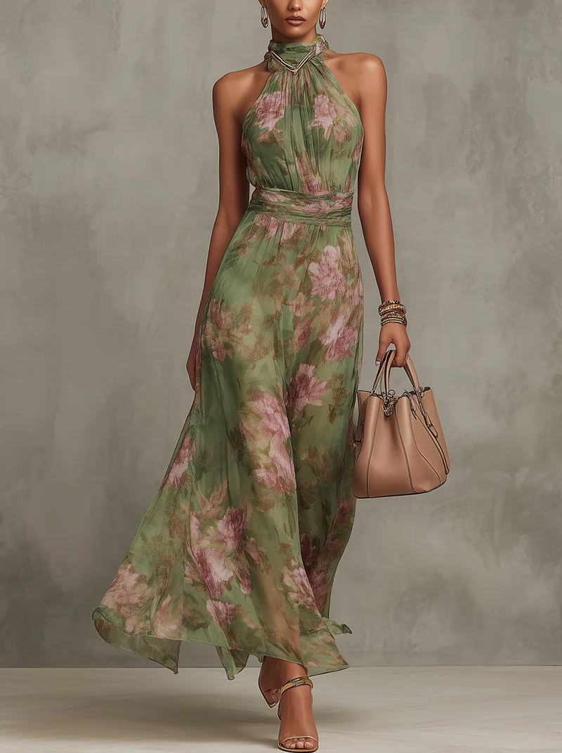 Floral halter maxi dress for wedding guest in green with pink floral print and belted waist