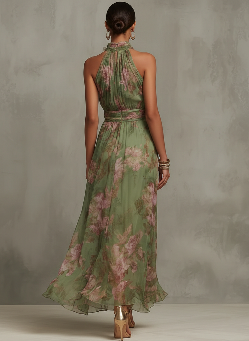 Green floral maxi dress with halter neckline and gold accent detail for formal occasions