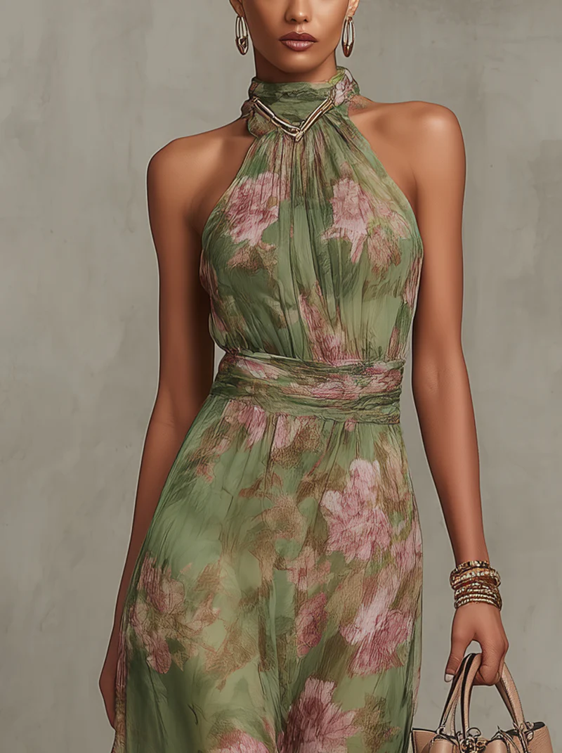 Wedding guest maxi dress featuring gathered halter neck and flowing A-line skirt in floral print