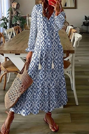 Close-up detail of floral print pattern on lightweight maxi dress fabric
