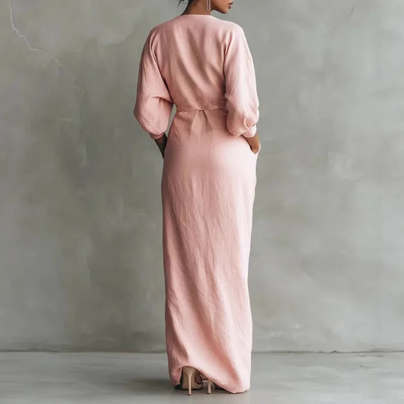 Side view of V Neck Wrap Waist Long Dress showing wrap detail and long sleeve coverage
