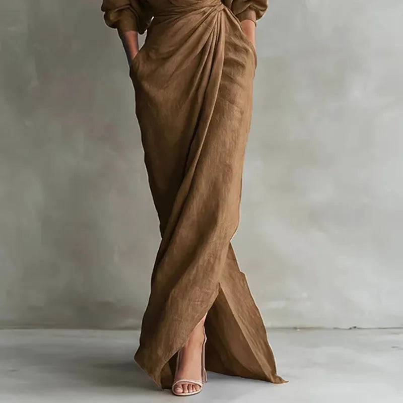Full length view of V Neck Wrap Waist Long Dress with front slit and bodycon fit