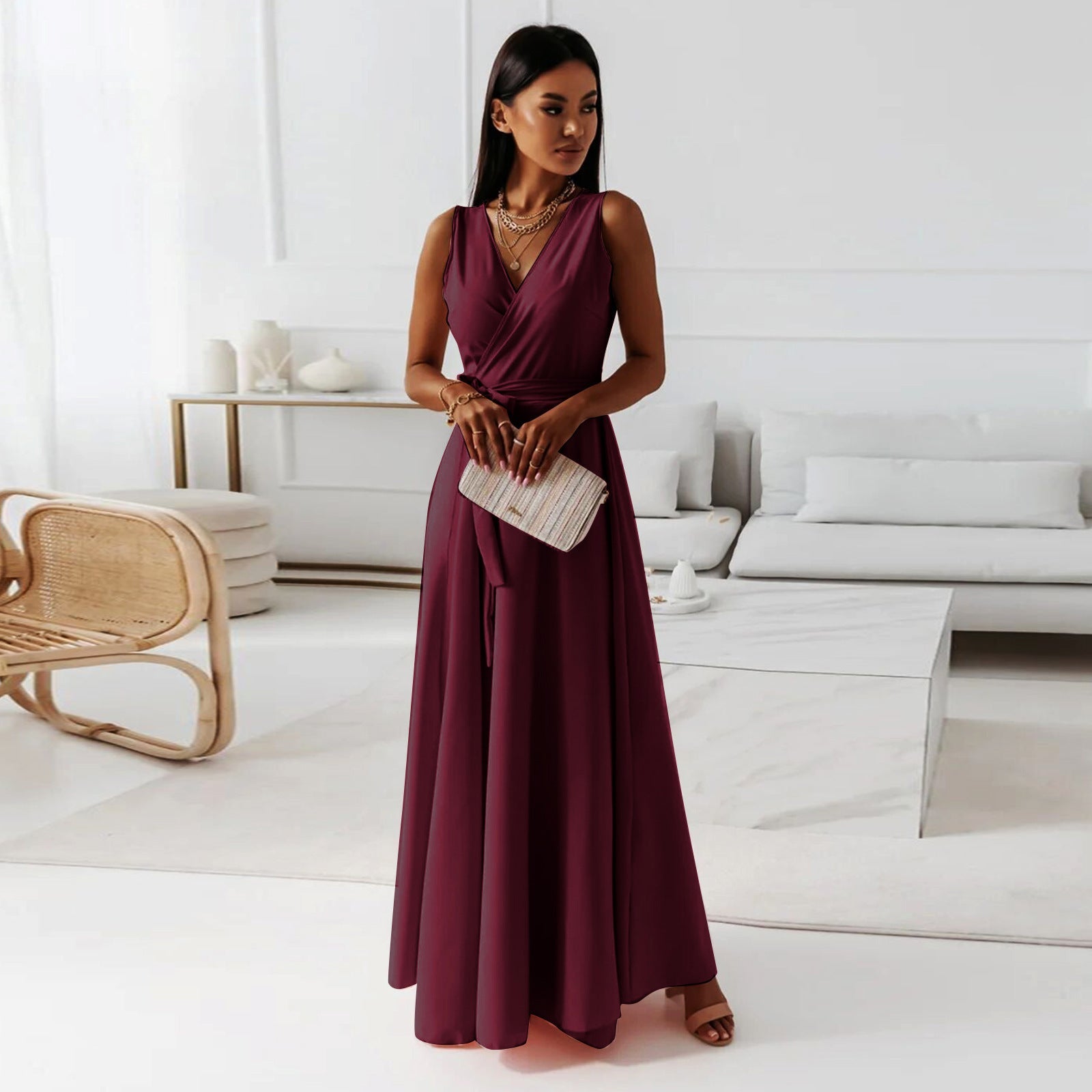 Close-up of wrap-style bodice detail on maxi dress for formal occasions