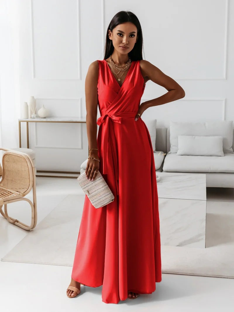Full-length view of sleeveless wrap maxi dress in pale pink for weddings