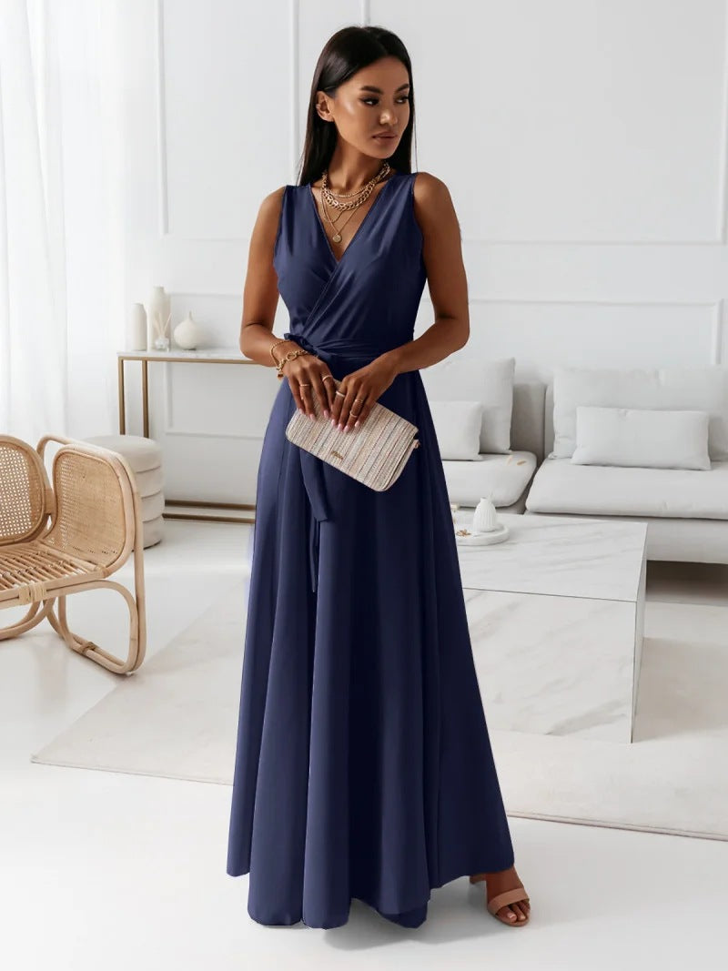 Model wearing wrap maxi dress styled with heeled sandals for formal event