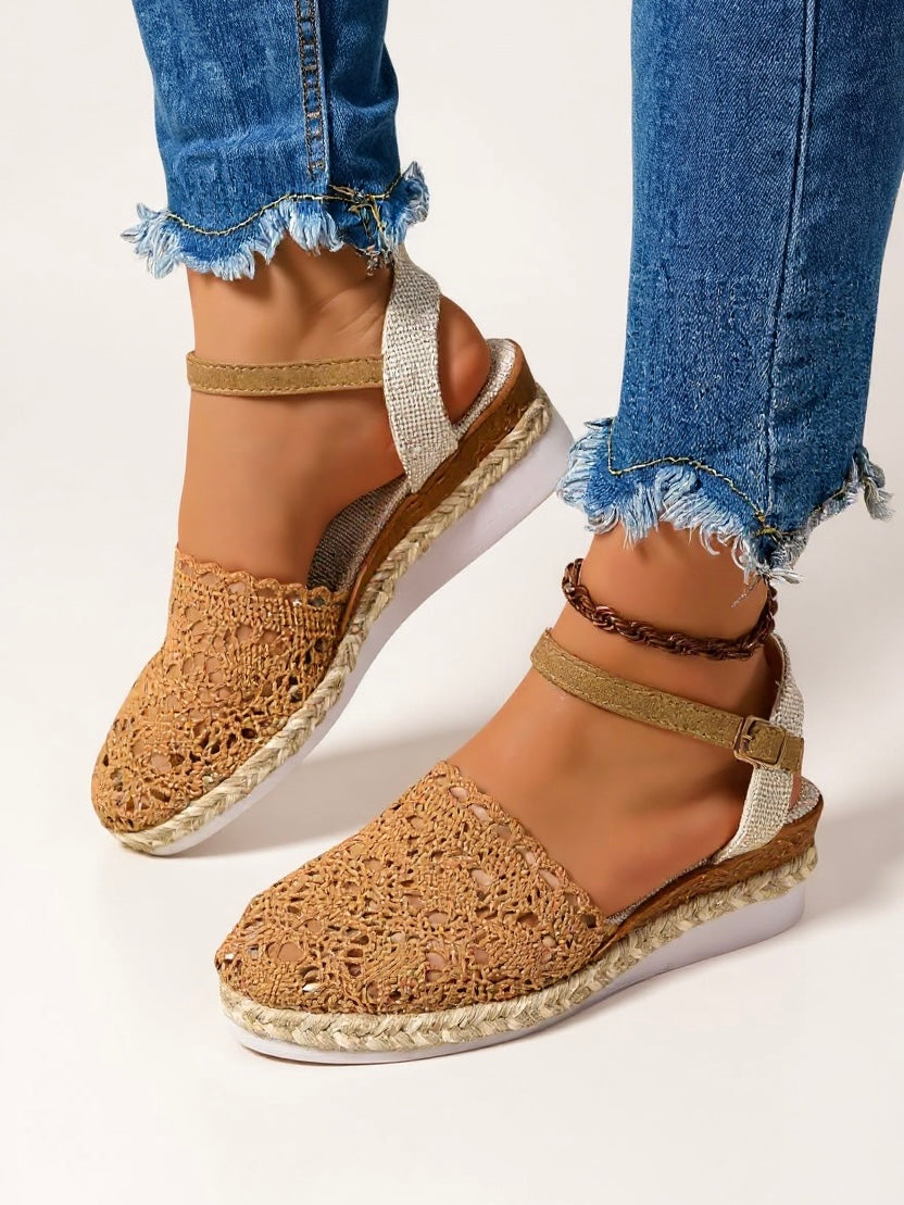 Full side profile of boho wedge espadrille ankle strap sandals showing platform base and crochet upper