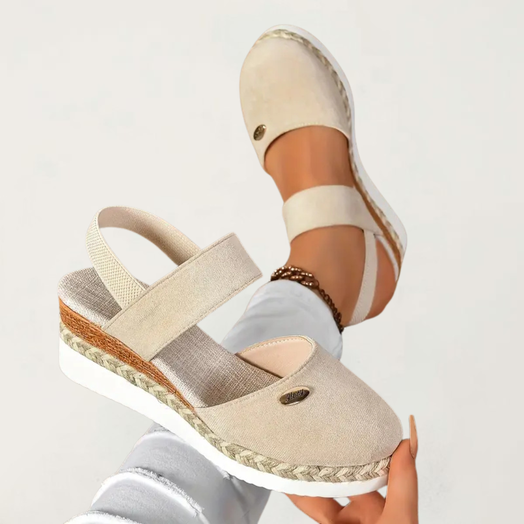 Brooklyn women's orthopedic sandals in beige with elastic crossover straps and cushioned espadrille platform sole