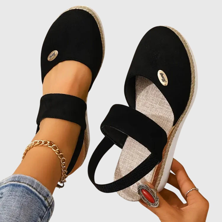 Full view of Brooklyn orthopedic sandals showing elastic construction and espadrille-style platform design