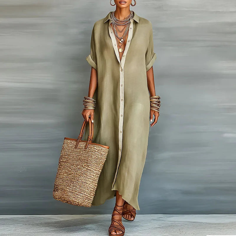 Woman wearing a Linen Long Shirt Sundress in khaki with button-down front and turn-down collar in relaxed maxi silhouette