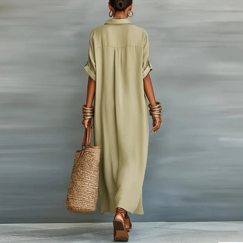 Close-up view of Linen Long Shirt Sundress showing contrast trim detailing along button placket and short rolled sleeves