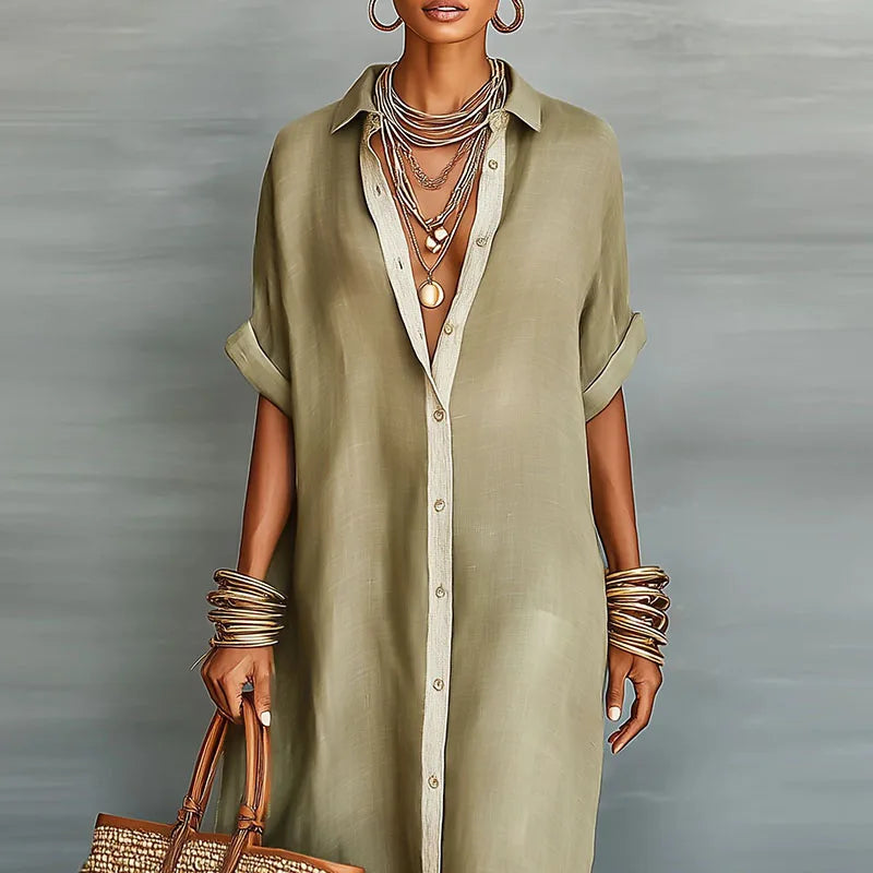 Side profile of woman in Linen Long Shirt Sundress displaying flowing maxi length and natural fabric drape