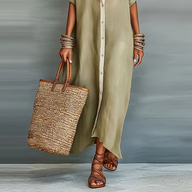 Detail shot of Linen Long Shirt Sundress collar and button-down front with lightweight fabric texture