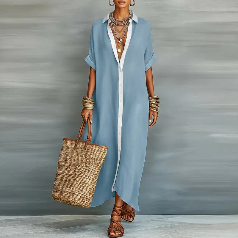 Full-length shot of Linen Long Shirt Sundress in khaki paired with layered jewelry and strappy sandals