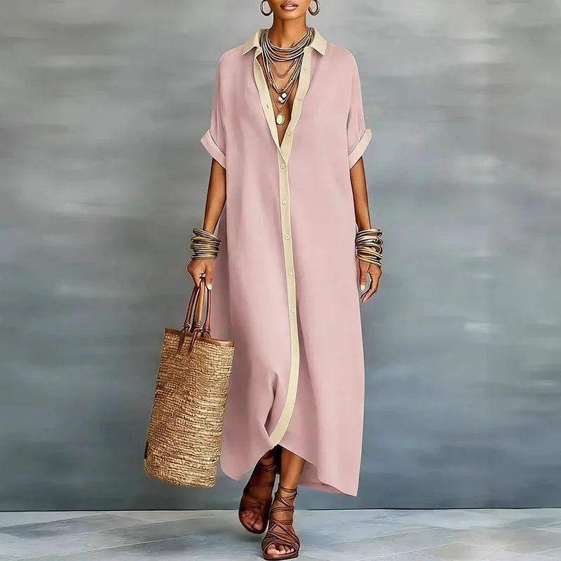 Close-up of Linen Long Shirt Sundress short sleeves with rolled cuffs and turn-down collar detail