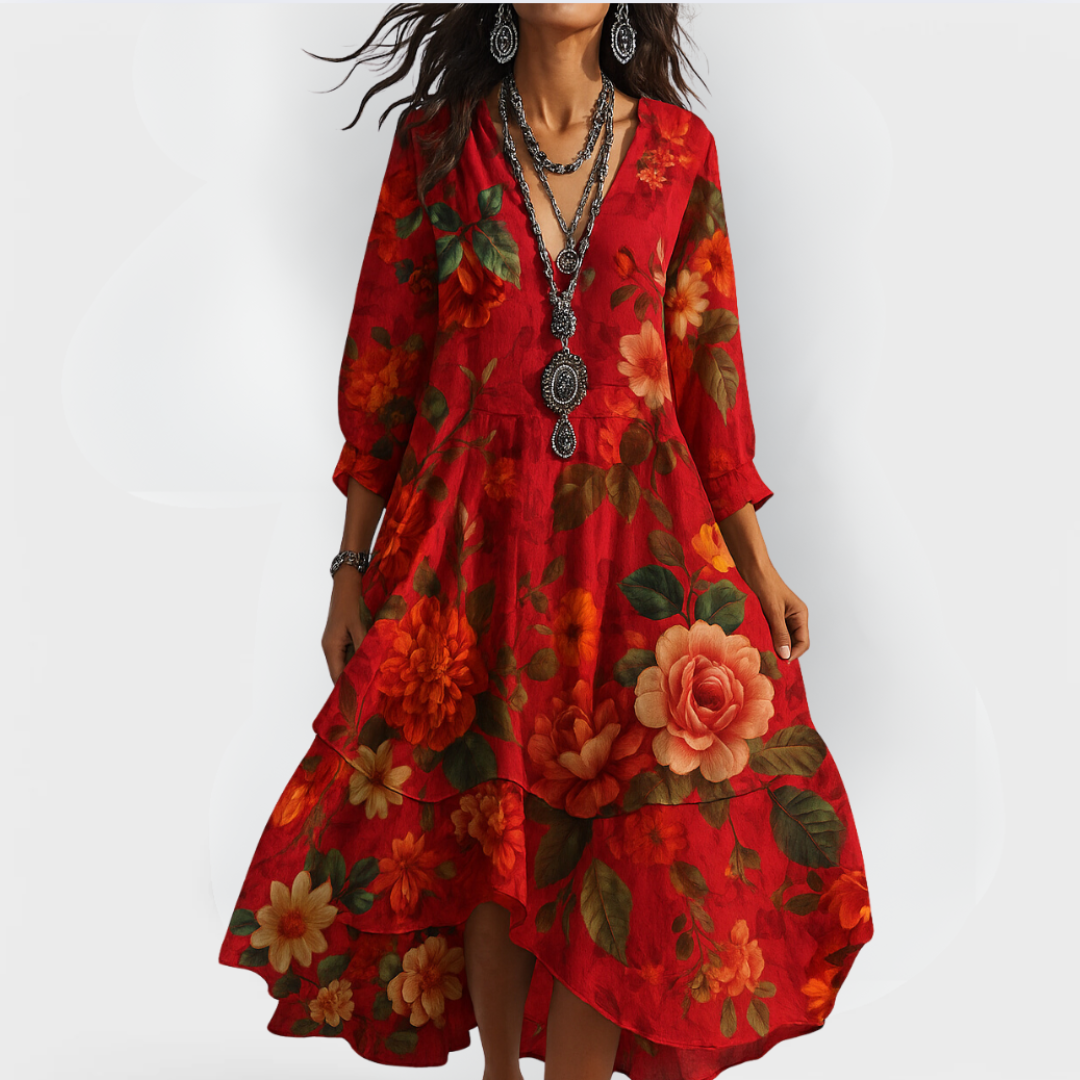 Floral print boho V neck dress featuring three-quarter sleeves and relaxed fit silhouette