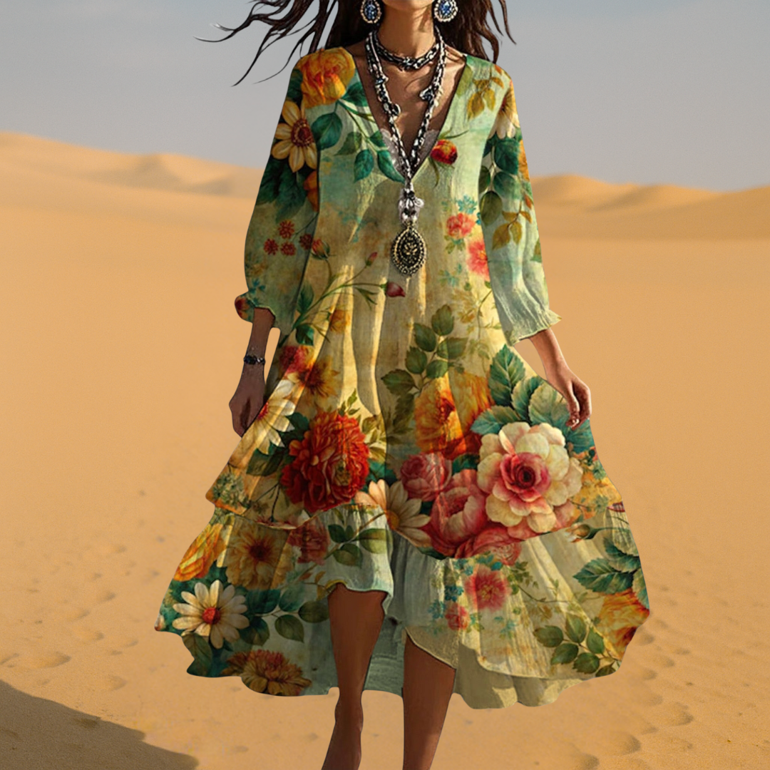 Vintage-inspired boho V neck dress with tiered ruffle hem and flowing midi length