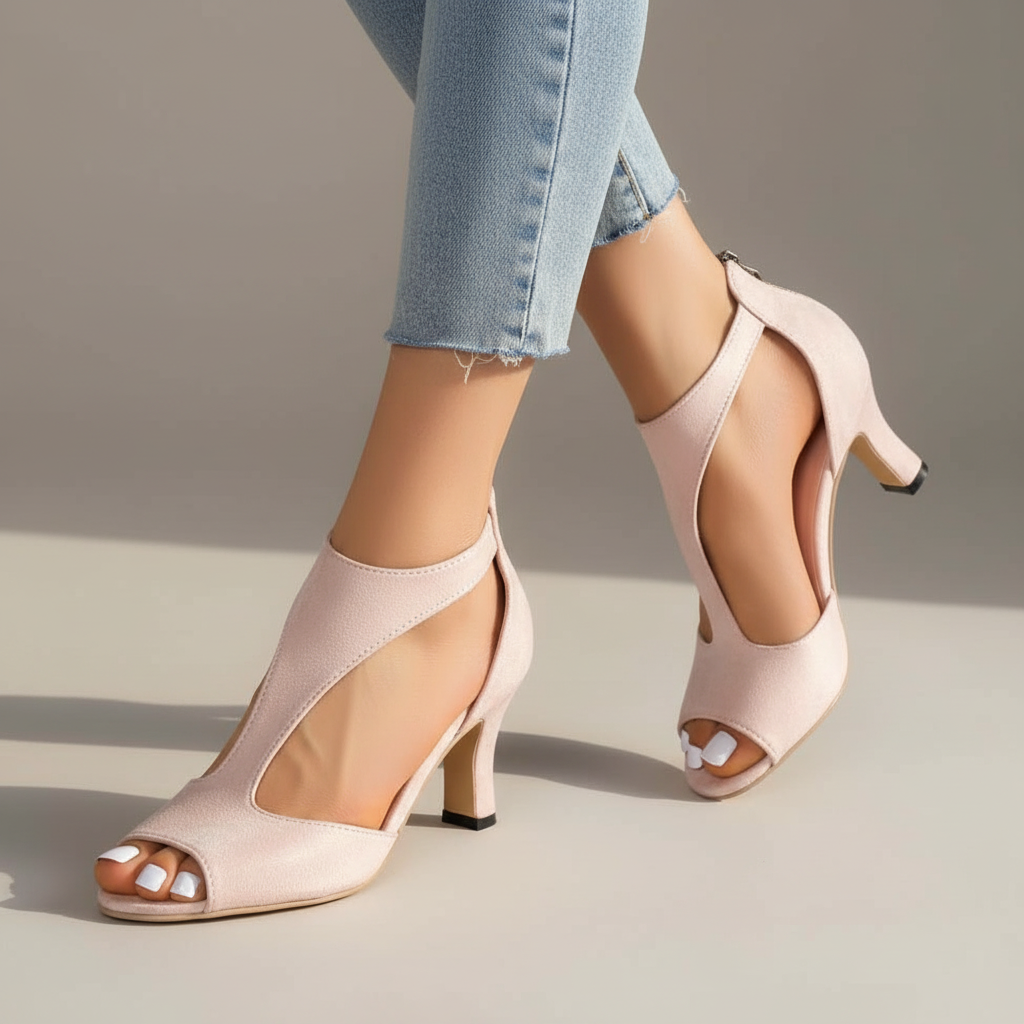 Women's supportive orthopedic heels in blush pink with wide ankle strap and open toe block heel design