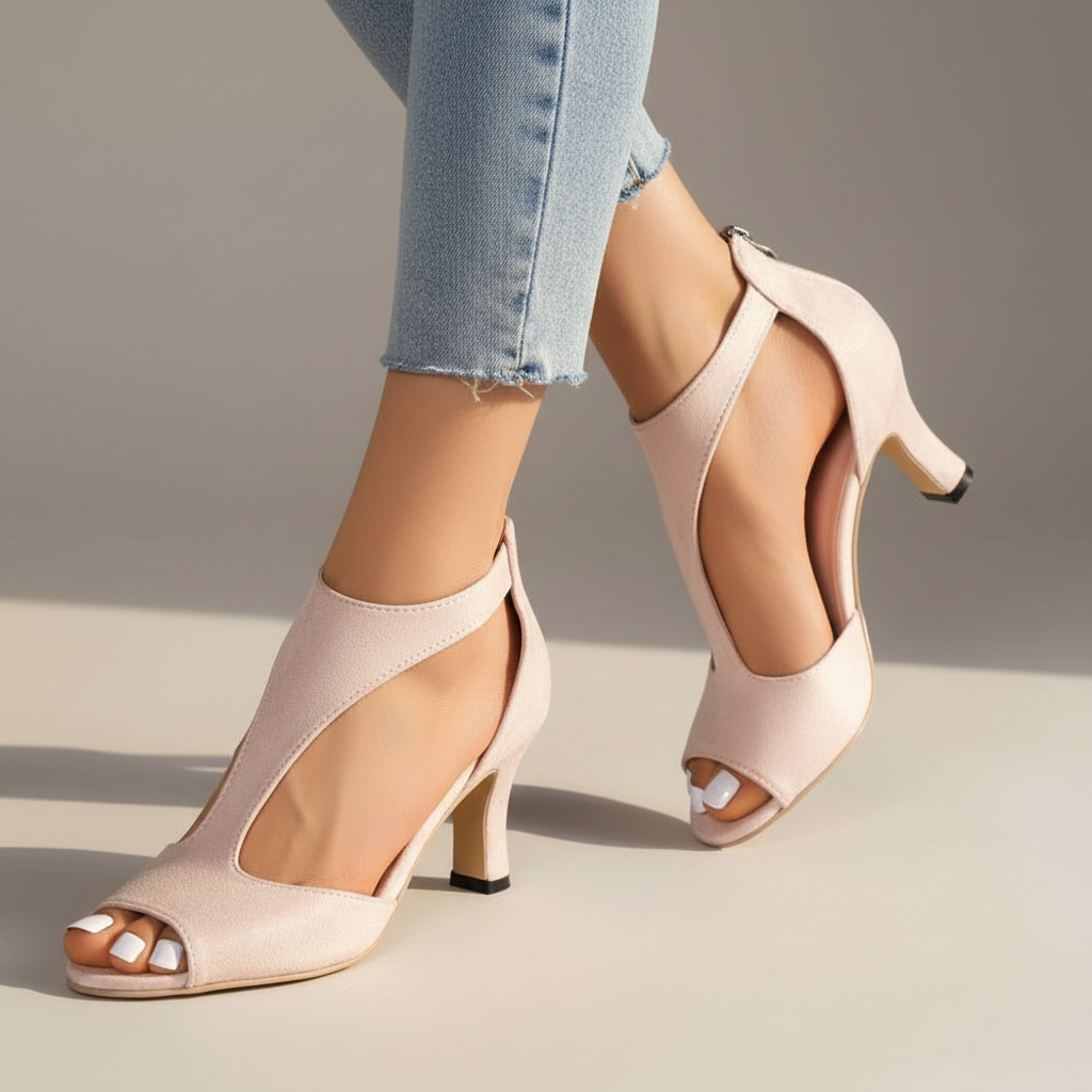 Side view of women's orthopedic heels showing T-strap silhouette and structured block heel with zipper closure