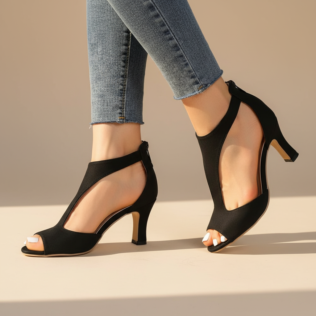Close-up of cushioned footbed and arch support detail on women's supportive orthopedic heels