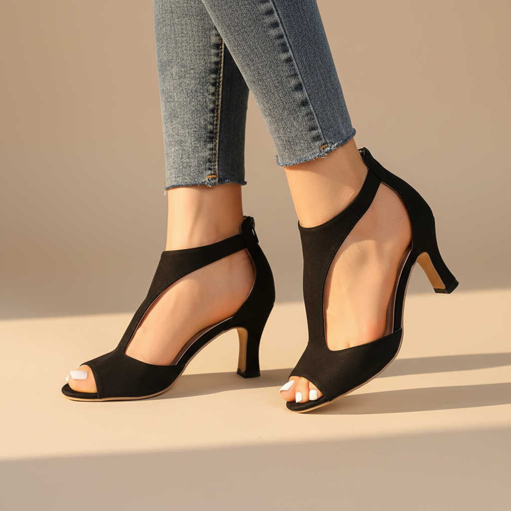 Women's ankle strap heels in blush pink paired with cropped denim jeans for casual daytime styling