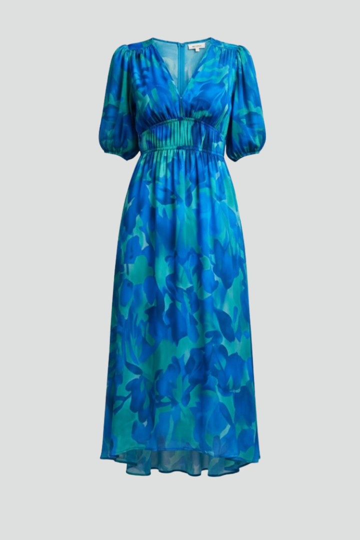 Women's Floral Puff Sleeve V-Neck Midi Dress in vibrant blue and teal floral print with gathered waist and flowing skirt